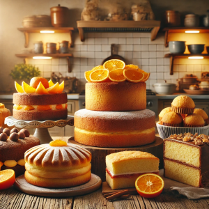DALL·E 2024-08-28 15.06.19 - A cozy kitchen scene featuring a variety of beautifully baked homemade cakes and sponges on a rustic wooden table. The cakes include classic recipes l
